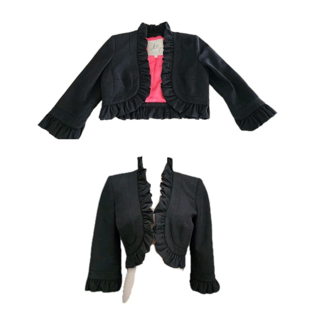 Milly NY Crop Evening Cocktail Jacket Ruffle Trim 3/4 Sleeve Size 2 Pink Lining